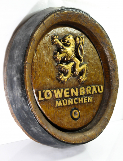 Löwenbräu Bier, Faßboden Werbeschild in Echtholz Optik, braun