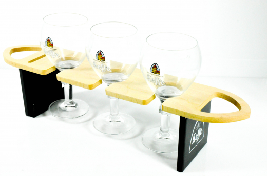 Leffe Bier, 3er Gläserhalter Glashalter, Buchenholz / Metall schwarz mit 3 Gläsern 0,33l