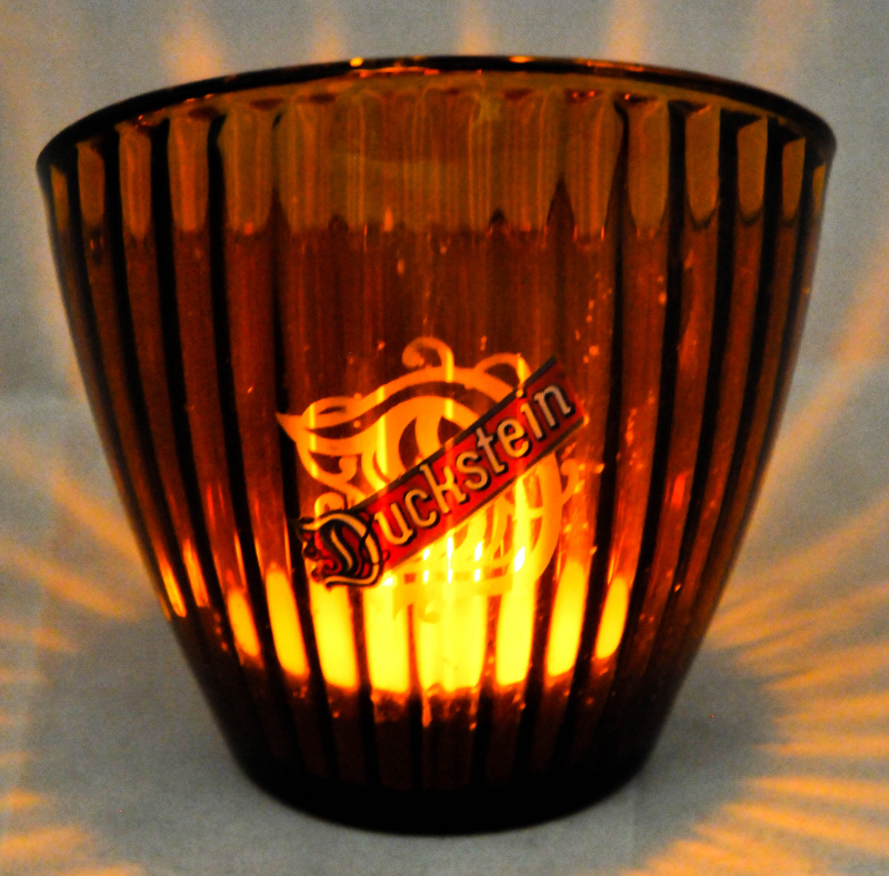 Teelicht Duckstein Bier Windlicht Kerzenglas rot mit Kerze 
