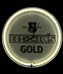 Becks Bier Brauerei Gold Neon Wanduhr, Leuchtreklame, 44cm