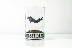 Beluga Vodka, Glas/ Gläser Shotglas, Stamper, Edelstahlverzierung mit dem bekannten Metallfisch Stoer