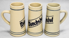 Kulmbacher Mönchshof Glas / Gläser 3 x Mini-Tonkrüge, Steingut, Stamperl
