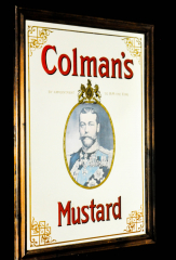 Colmans Whisky, Werbespiegel in Echtholzrahmen braun Colmans Mustard