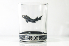 Beluga Vodka, Glas / Gläser Tumbler Edelstahlverzierung mit dem bekannten Metallfisch Stoer