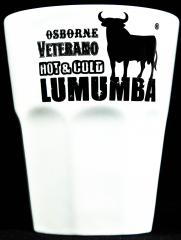 Osborne Veterano Brandy, Glas, Keramik Becher weiß, Lumumba Logo schwarz