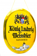 König Ludwig Weissbier, Blechschild, Werbeschild Wandschild an Kette gelbe Ausführung