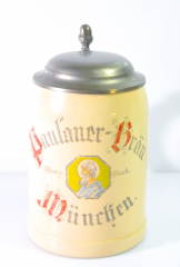 Paulaner Weissbier, Bierkrug, Tonkrug mit Zinndeckel 0,5l Paulander-Bräu München