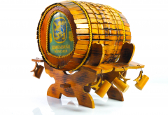 Löwenbräu Weissbier, real wood handmade deco barrel on rack with 6 wooden mugs