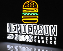 Henderson & Sons Snacks, LED Leuchtreklame, Leuchtwerbung Burger mit Schalter