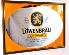 Löwenbraü Bier, Werbespiegel im braunen Echtholzrahmen Hefe Weissbier